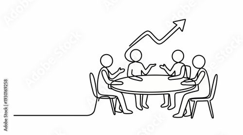 Continuous line drawing of executives having a business meeting at a round table with a rising arrow above them, concept for corporate growth, professional collaboration and financial success