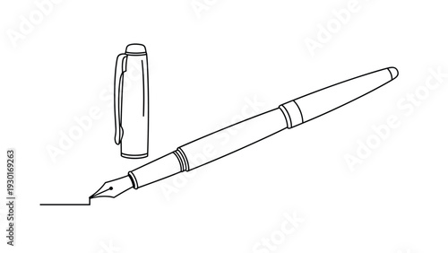 Simple black and white line drawing of a fountain pen and its cap drawing a horizontal line isolated on a white background.