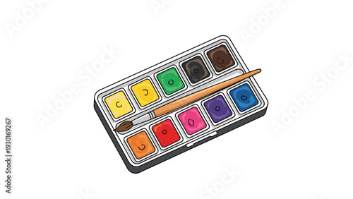 Colorful watercolor paint palette with twelve different shades and a paint brush resting on top isolated on a white background.