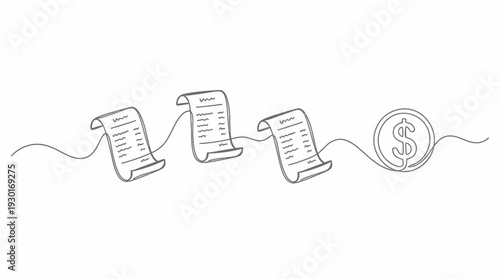 Single continuous line drawing of paper receipt bills and a dollar coin symbol on white background, concept for financial accounting, monthly expense tracking and business billing management