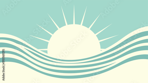 Minimalist illustration of a large sun rising or setting over wavy lines representing the sea on a light blue background.