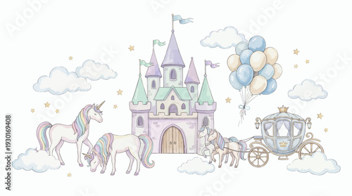 Magical pastel fairy tale castle with unicorns, royal carriage, balloons and clouds on white background, concept for nursery wall art, children birthday invitation and princess party decoration