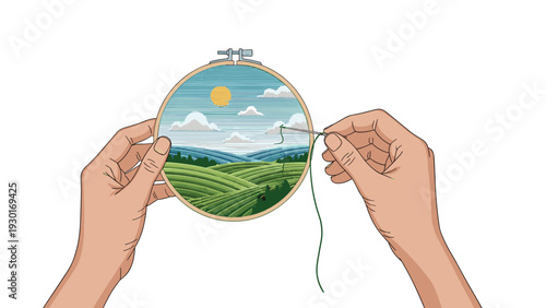 Close up of hands holding an embroidery hoop and stitching a scenic landscape with hills, trees, and a sun on white.