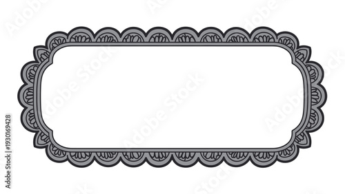 Decorative rectangular frame with a double scalloped edge and gray color palette isolated on a plain white background.
