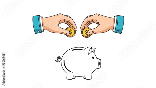 Two hands putting gold dollar coins into a white piggy bank silhouette isolated on a plain white background for savings.