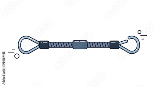 Industrial style illustration of a blue bungee cord with loops and a hook on the ends isolated on a white background.
