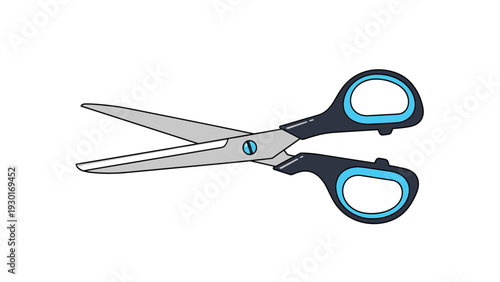 Open pair of professional scissors with black and blue handles and silver blades isolated on a plain white background.