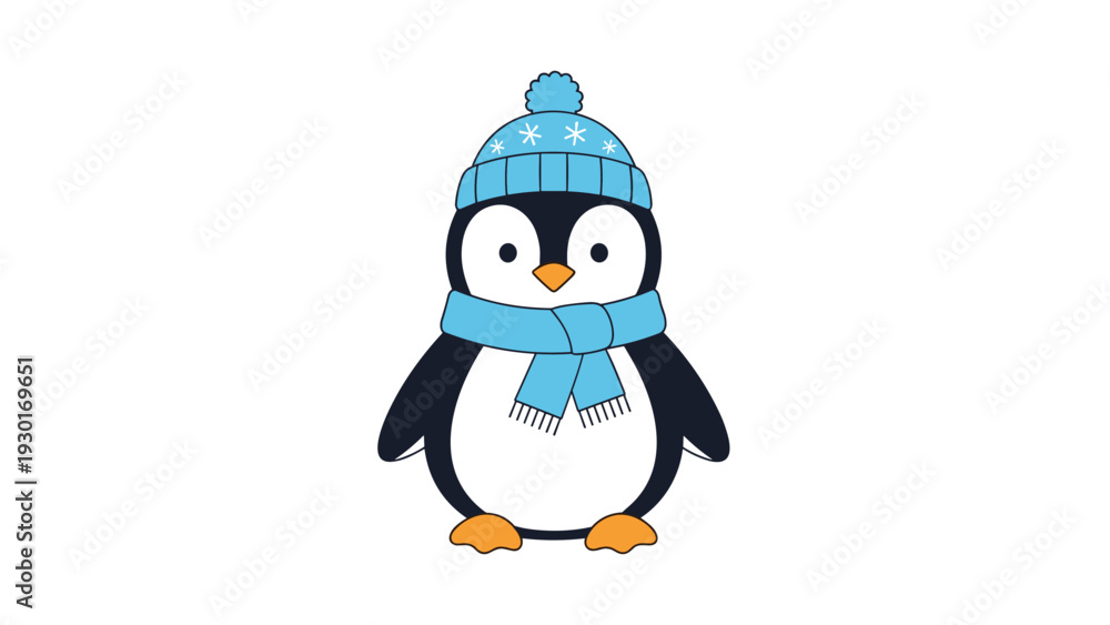 Fototapeta premium Adorable illustration of a cartoon penguin wearing a blue knit hat and matching scarf symbolizes winter charm and cold weather.