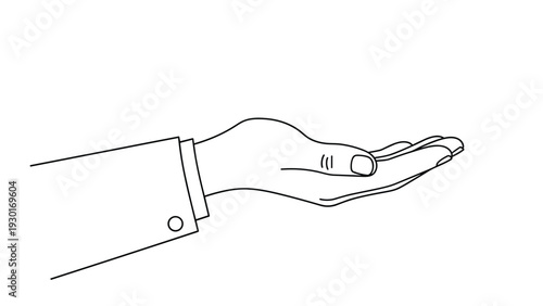 Line drawing of a human hand held open with the palm facing upwards suggests a gesture of giving receiving or supporting.