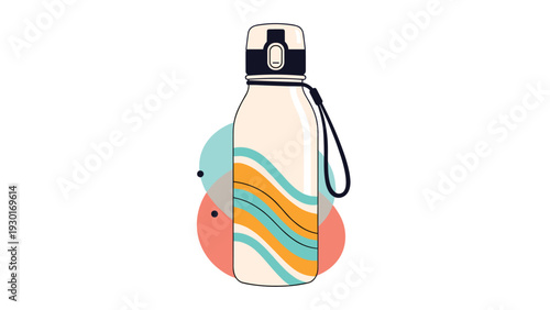 White reusable water bottle with colorful wavy stripes and a black cap represents an eco friendly lifestyle for hydration on the go.