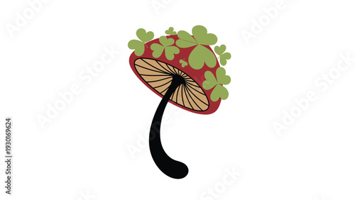 Whimsical red mushroom with a cap covered in green four leaf clovers combines forest elements with symbols of good luck.