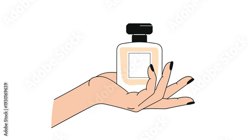 Hand with black nail polish holds a square perfume bottle with a dark cap representing luxury fragrance and beauty products.