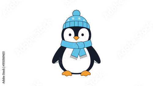 Adorable illustration of a cartoon penguin wearing a blue knit hat and matching scarf symbolizes winter charm and cold weather.