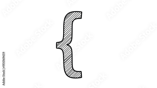 Single hand drawn black curly bracket on a white background features a hatched texture for a creative and artistic punctuation mark.