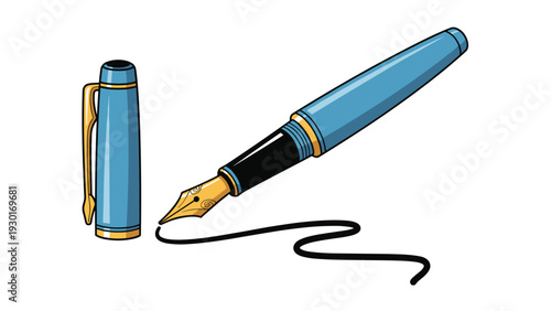 Blue fountain pen with gold accents is shown writing a wavy line next to its cap in a detailed and professional illustration.