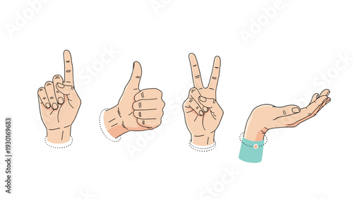 Four different hand gestures including a pointing finger thumbs up peace sign and open palm provide a set of non verbal signals.