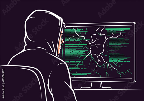 Hacker in hoodie looking at a broken computer screen with code