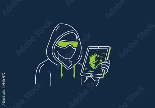 Masked hacker holding a digital tablet with a security shield icon