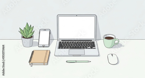 Modern workspace setup with laptop, smartphone, and accessories for work.