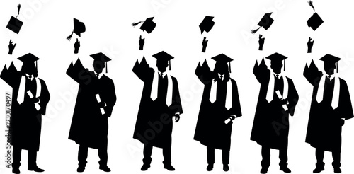 Graduation celebration silhouette of eight students throwing caps