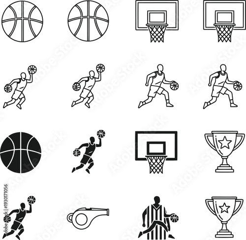 Basketball icons mega set, sports silhouettes collection, player dunking, trophy cup, whistle, ball and backboard vector kit, tournament graphics