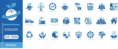 Ecology and Sustainability Flat Icon Set with Recycling, Solar Panel, Wind Turbine, Electric Vehicle, Green City, Carbon Neutral and Renewable Energy Editable Blue Vector Collection

