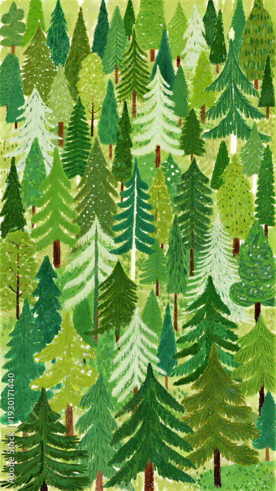 Obraz premium Green forest background, pine trees illustration and nature pattern