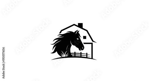 Black Horse Illustration Near House.