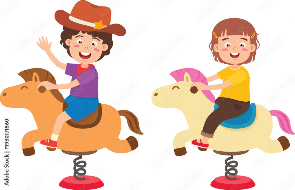 Fototapeta premium Kid Boy And Girl Riding Spring Rider Horse