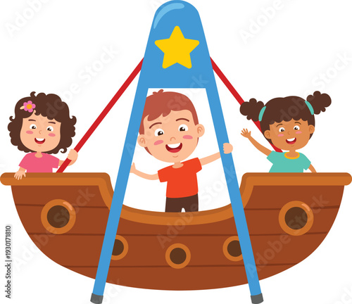 Children Enjoying Pirate Ship Swing Ride