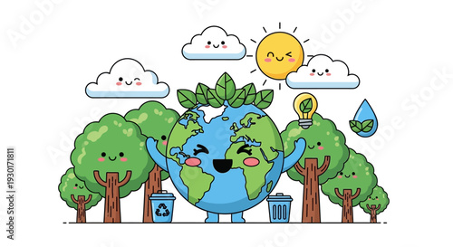 Cartoon Earth Character Hugging Trees.
