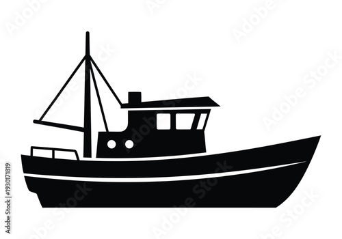 Black silhouette of a fishing boat with sails vessel