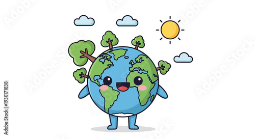 Cartoon Earth Character with Trees and Smile.