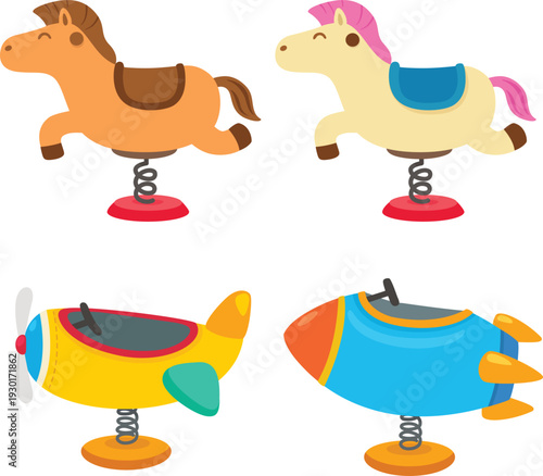 Spring Rider Horse And Rocket Spring Rider And Airplane Spring Rider Isolated Illustration