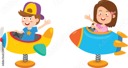 Children Riding Spring Rider Airplane And Rocket Isolated Illustration