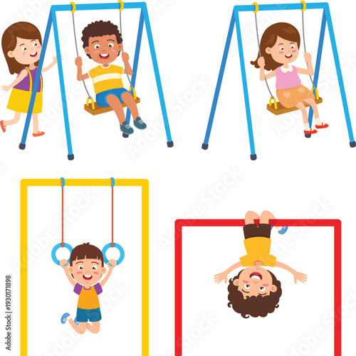 Child Playing Playground on Swing Set And Gymnastic Rings