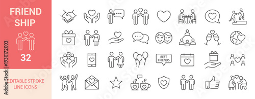 Friendship and Social Line Icon Set. Handshake, Heart, Hug, Chat, Gift, and Community Icons