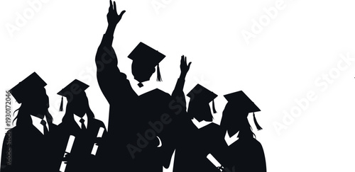 Silhouette of graduates celebrating with one student raising hand
