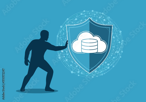 Silhouette of man pushing shield protecting cloud and database
