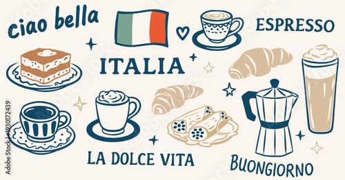Hand drawn Italian coffee and dessert doodle set with espresso, cappuccino, moka pot, croissant, tiramisu, and traditional sweets. Vintage sketch style illustration for cafe branding, menu design, pac