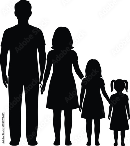 Black silhouette illustration depicting a traditional four-person family unit consisting of a father, mother, and two daughters standing together.