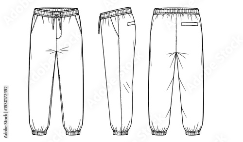 Unisex Jogger Pants Flat Sketch Sweatpants Technical CAD Vector Set