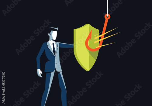 Businessman in a suit using a shield to block a fishing hook