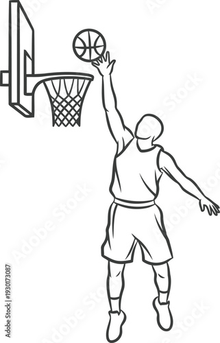 A minimalist line drawing of a male basketball player jumping to shoot a layup into a hoop.