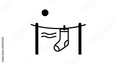 Drying Sock on Clothesline Under Sun - Simple Line Art Icon
