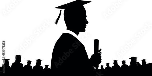 Graduate silhouette holding diploma in front of fellow alumni