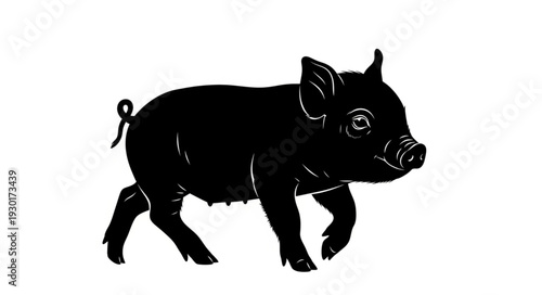 Black Piglet Silhouette Walking Sideways.
