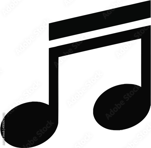 Simple black sixteenth note icon isolated on a bright white background representing musical concepts and audio
