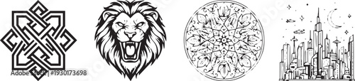 A tribal style vector illustration of a powerful wild tiger head with grass blowing in the wind on a white background