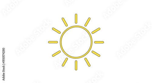 Bright Yellow Sun Icon with Rays on White Background, Simple Flat Design